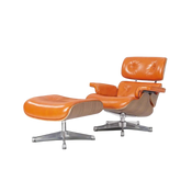 Luxurious Lounge Chair and Ottoman in Camel Brown Waxed Leather with Walnut Wood Frame